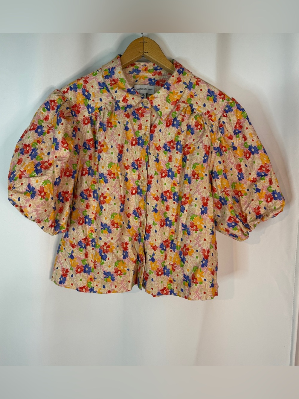 Something Navy Floral Puff Sleeve Crop Top - Cream Multicolor